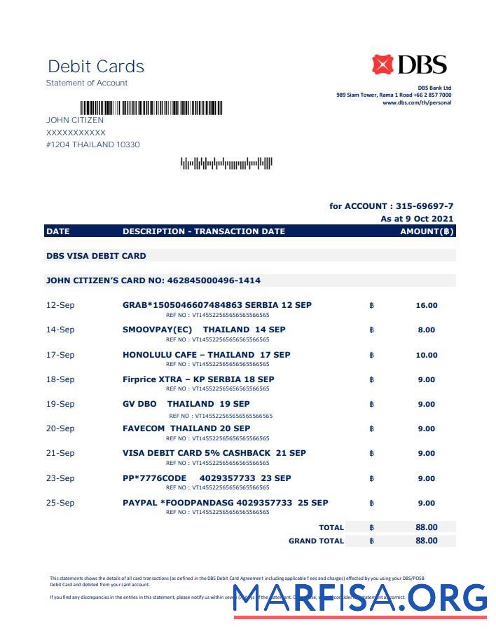 Downloadable Thailand DBS bank statement excel real example